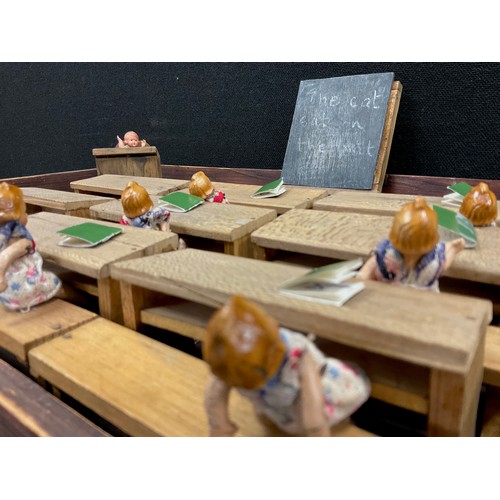 25 - Bavarian/german wooden doll house furniture including; desks, benches, blackboard, school children f... 