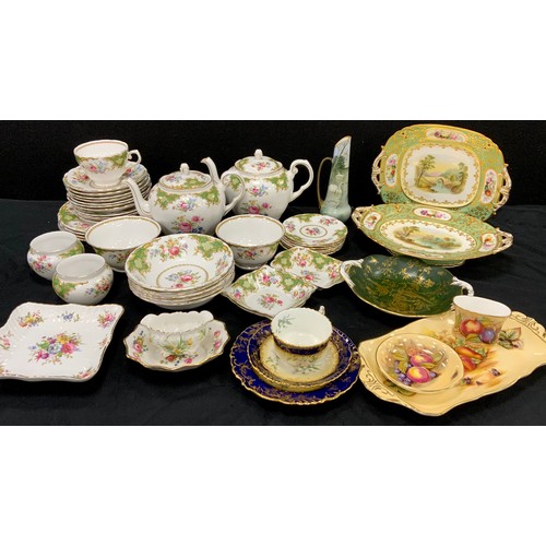 27 - 19th century hand painted dishes, with a green border and gilt detail;Floral decorated tea ware incl... 