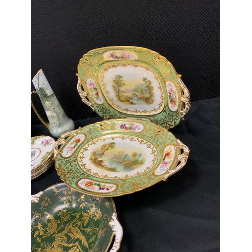 27 - 19th century hand painted dishes, with a green border and gilt detail;Floral decorated tea ware incl... 