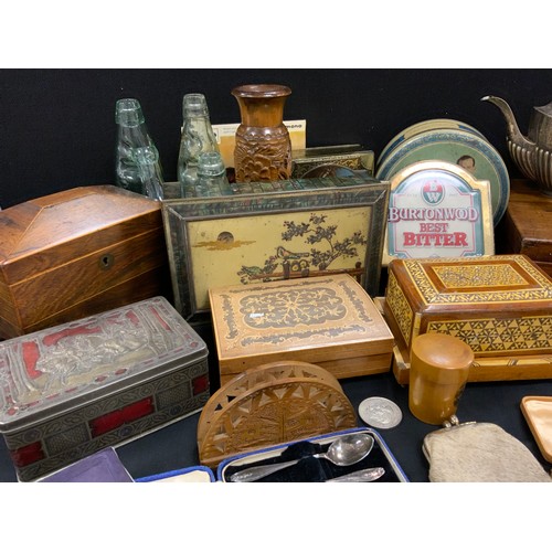 37 - Boxes and objects - Edwardian mantel clock, tins, travelling clocks, three piece tea set, Victorian ... 