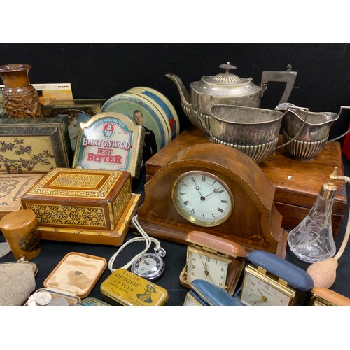 37 - Boxes and objects - Edwardian mantel clock, tins, travelling clocks, three piece tea set, Victorian ... 