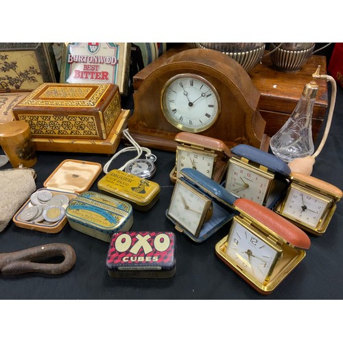 37 - Boxes and objects - Edwardian mantel clock, tins, travelling clocks, three piece tea set, Victorian ... 