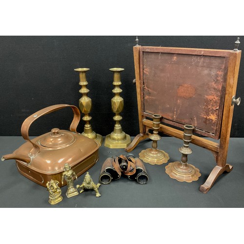 58 - Boxes and objects -  square copper kettle, pair of alter candlesticks, 30cm high, other pair, Dollon... 