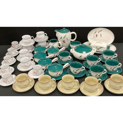 46 - Denby - A Denby ‘Green wheat’ pattern tea service for six including; a tea pot, sugar bowl, milk jug... 