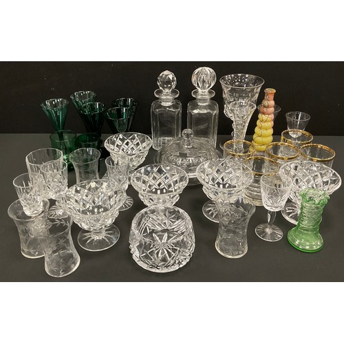 47 - Glass- A pair of Georgian emerald wine glasses, other pair similar; 19th century and later glass war... 