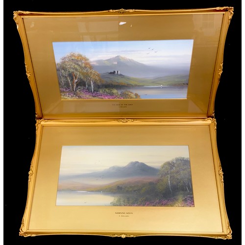 14 - F Welldon, a pair, The Edge of ther Loch and Morning Mists, signed gouache, 14.5cm x 29cm, swept gil... 