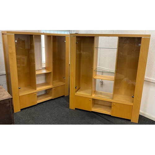 86 - A pair of contemporary birch veneer cabinets, pair of glazed doors to top, with glass, and wooden sh... 