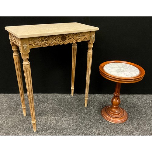 91 - A Louis XV revival marble-top hall table, 76cm high x 61cm wide x 30.5cm deep;  a small mahogany sid... 