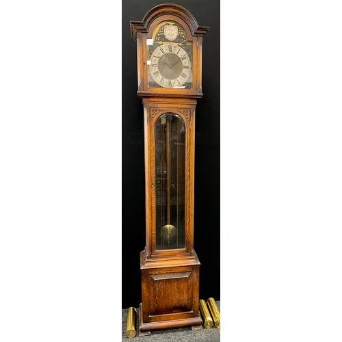 92 - A George III style oak long case clock, 30 day movement, 20th century, 195.5cm high x 37.5cm wide.