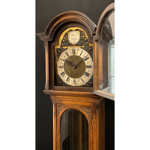 92 - A George III style oak long case clock, 30 day movement, 20th century, 195.5cm high x 37.5cm wide.