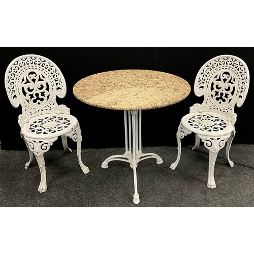 113 - A Garden Bistro set, comprising a cast iron pedestal tripod table with circular marble top, 73cm hig... 