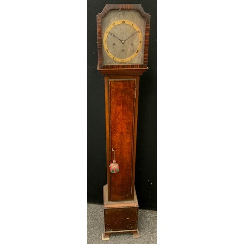 134 - An early 20th century small longcase clock, 30 hour chiming movement, silver metal face, with brass ... 