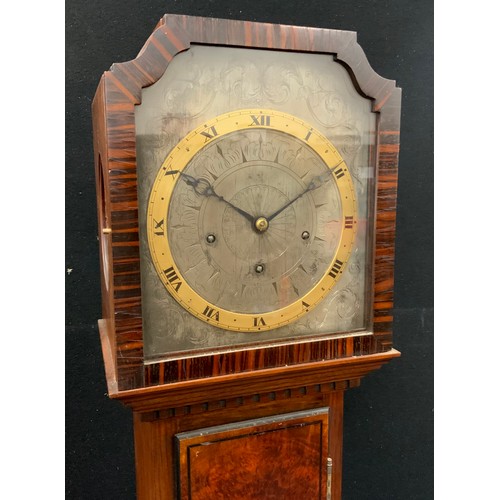 134 - An early 20th century small longcase clock, 30 hour chiming movement, silver metal face, with brass ... 