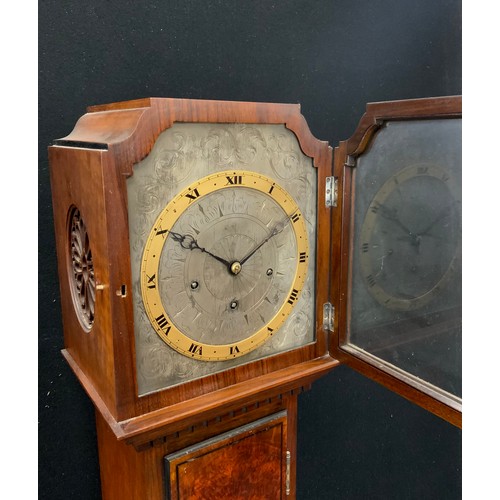 134 - An early 20th century small longcase clock, 30 hour chiming movement, silver metal face, with brass ... 