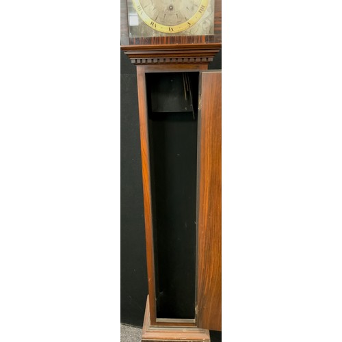 134 - An early 20th century small longcase clock, 30 hour chiming movement, silver metal face, with brass ... 