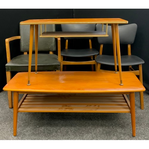 136 - A mid century teak ‘retro’ coffee table, and similar side table;  a pair of mid century teak office ... 