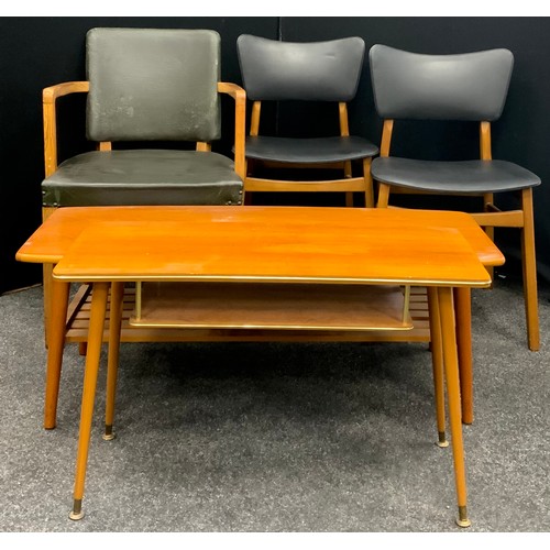 136 - A mid century teak ‘retro’ coffee table, and similar side table;  a pair of mid century teak office ... 