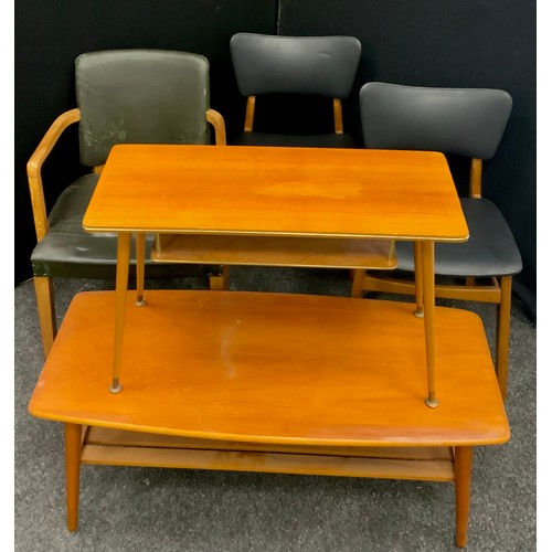 136 - A mid century teak ‘retro’ coffee table, and similar side table;  a pair of mid century teak office ... 