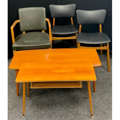 136 - A mid century teak ‘retro’ coffee table, and similar side table;  a pair of mid century teak office ... 