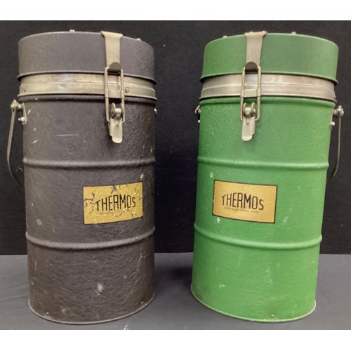 175 - A mid 20th century hot food thermos container, in green, another grey, both with fitted interiors, a... 