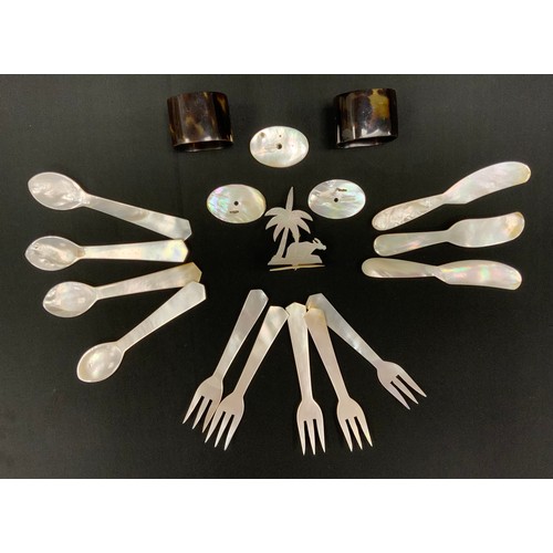 189 - Mother of pearl including; five forks, three knives, four spoons, approx.10cm long; pair of tortoise... 