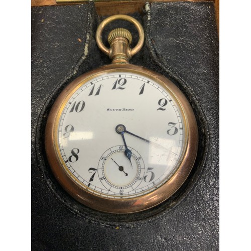 205 - A South bend rolled gold cased pocketwatch, floral case, Arabic numerals, fitted wooden case;  Modai... 