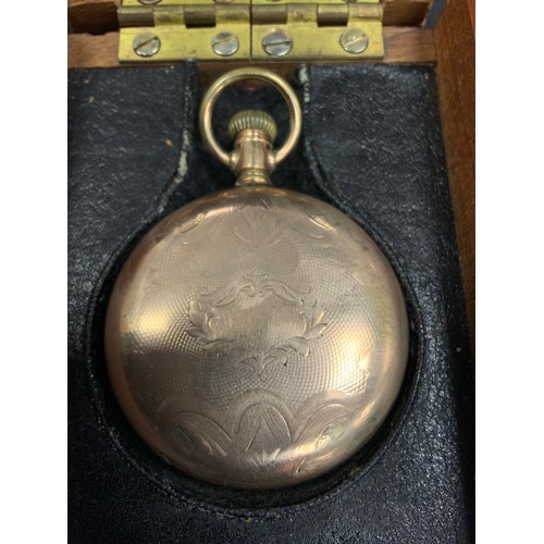 205 - A South bend rolled gold cased pocketwatch, floral case, Arabic numerals, fitted wooden case;  Modai... 