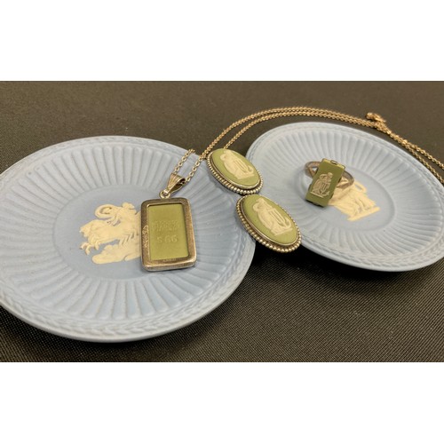 207 - Wedgwood including; a pair of green basalt earrings, matching pendant and ring, all stamped silver; ... 