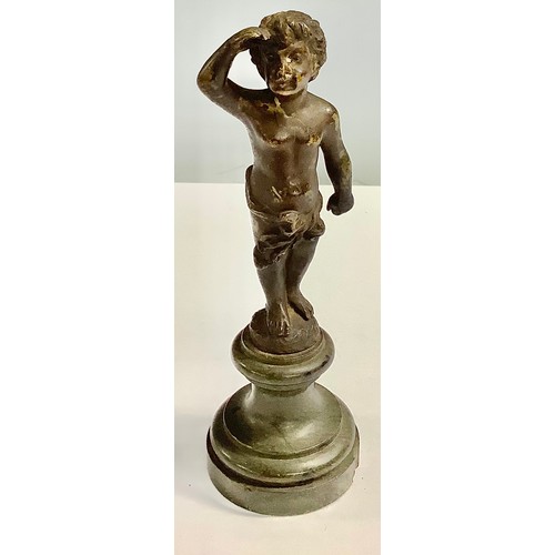 113 - French School (19th century), a brown patinated bronze, of a putto, waisted marble base, 13.5cm high