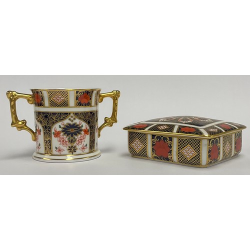 40 - A Royal Crown derby Imari 1128 pattern two handled loving cup, 9cm, printed mark, first quality; an ... 