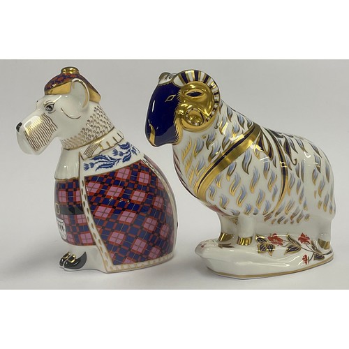 47 - A Royal Crown Derby paperweight, Ram, gold stopper, 14cm high, printed mark; another; National Dogs ... 