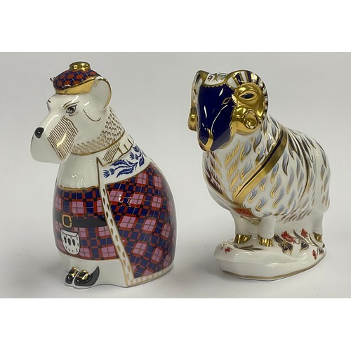 47 - A Royal Crown Derby paperweight, Ram, gold stopper, 14cm high, printed mark; another; National Dogs ... 