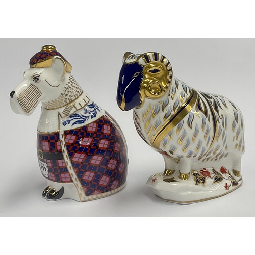 47 - A Royal Crown Derby paperweight, Ram, gold stopper, 14cm high, printed mark; another; National Dogs ... 