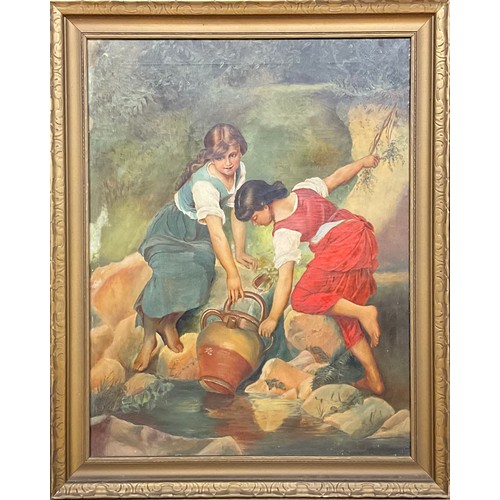 533 - Victorian School  
Two Young Girls at the Well  
unsigned, oil, 65cm x 50cm