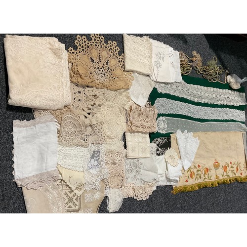 543 - Textiles - Maltese, Madeira lace; Irish crochet work; lace bonnets; runner; lace edged textiles, tab... 