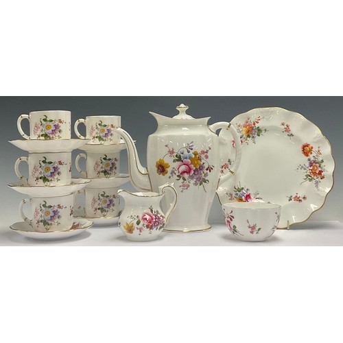 610 - A Royal Crown Derby Posies pattern coffee pot, cream jug and sugar bowl, six coffee cans and saucers... 