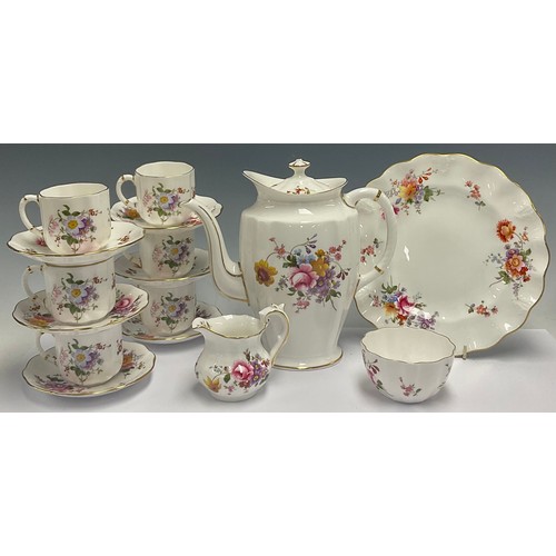 610 - A Royal Crown Derby Posies pattern coffee pot, cream jug and sugar bowl, six coffee cans and saucers... 