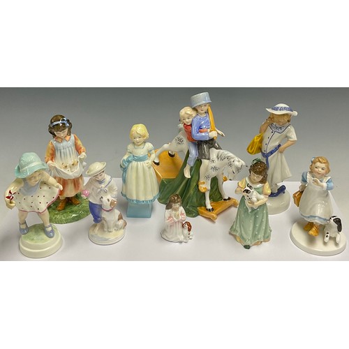 623 - A Royal Doulton figure group, Hold Tight HN 3298, 22cm; others, Childhood Days, Dressing Up, HN 2964... 