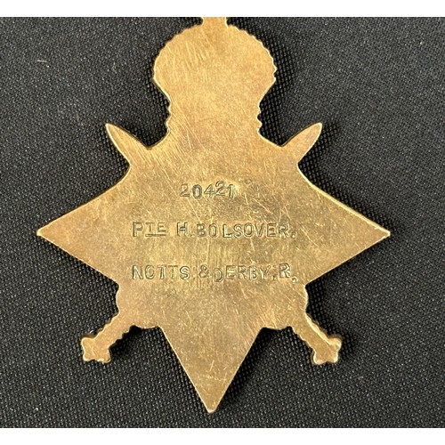 2007 - WW1 British 1914-15 Star to 20421 Pte H Bolsover, Notts & Derby Regiment complete with original ribb... 