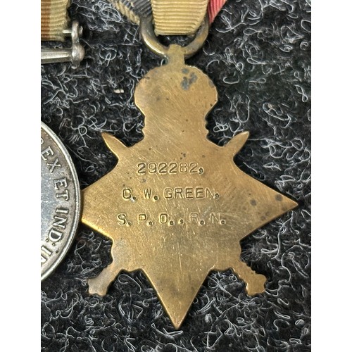 2017 - WW1 British 1914/15 Star, British War and Victory medal to “292282 C.W. GREEN. S.P.O. R.N.”. Mounted... 