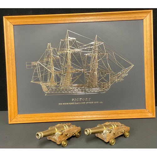 638 - A pair of miniature brass mounted desk cannons 17.5cm long; a decorative wall plaque, HMS Victoria 4... 