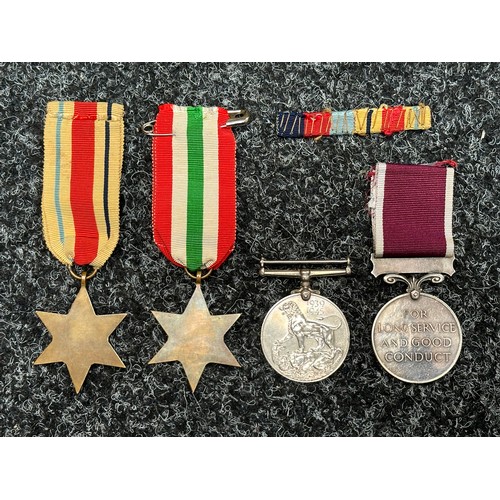 2043 - WW2 British Medal group comprising of Italy Star, Africa Star, War Medal and Long Service and Good C... 