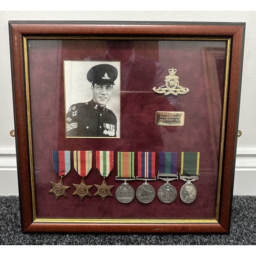 2067 - WW2 British Royal Artillery Medal Group in framed display to include: 1939-45 Star, Africa Star, Ita... 