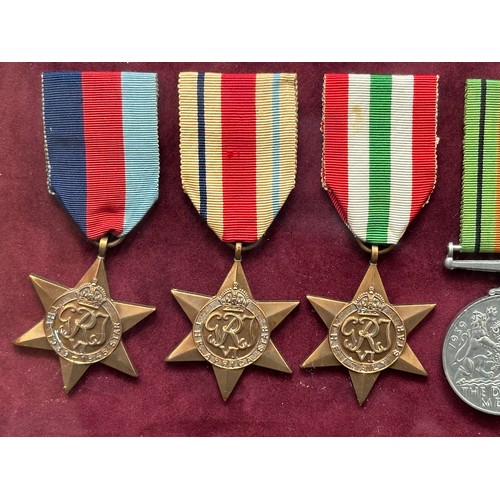 2067 - WW2 British Royal Artillery Medal Group in framed display to include: 1939-45 Star, Africa Star, Ita... 