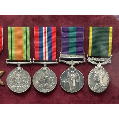 2067 - WW2 British Royal Artillery Medal Group in framed display to include: 1939-45 Star, Africa Star, Ita... 