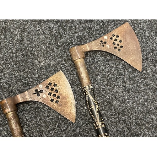 2115 - Pair of Indo-Persian Tabarzin Saddle Axes. Both with Axe Heads with pierced design and inlaid with w... 