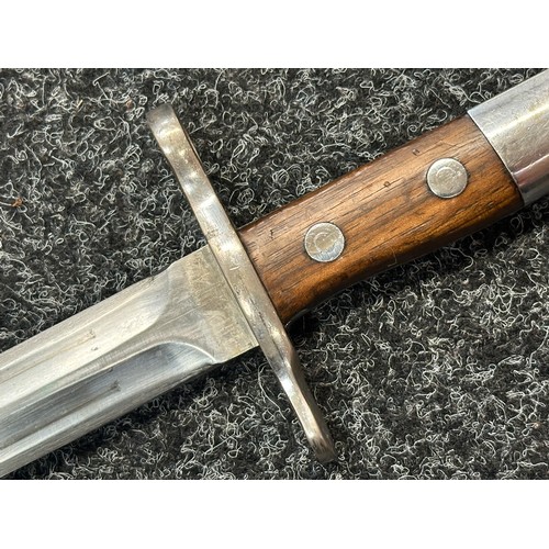 2122 - Swiss M1889 Bayonet with double fullered double edged blade 296mm in length. Maker marked 