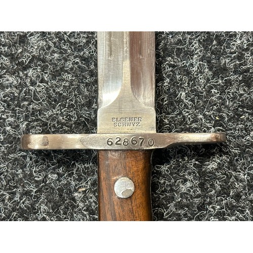 2122 - Swiss M1889 Bayonet with double fullered double edged blade 296mm in length. Maker marked 