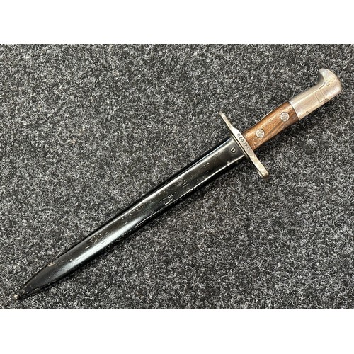 2122 - Swiss M1889 Bayonet with double fullered double edged blade 296mm in length. Maker marked 