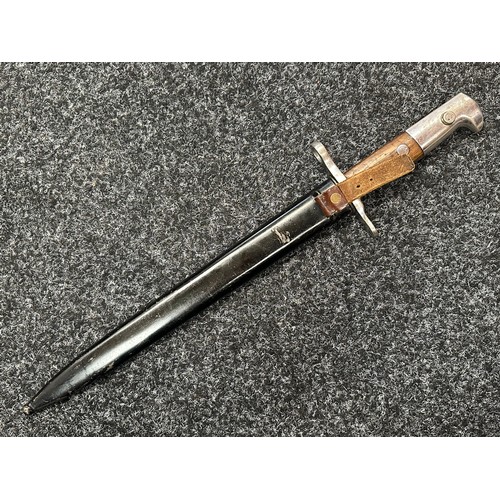 2122 - Swiss M1889 Bayonet with double fullered double edged blade 296mm in length. Maker marked 